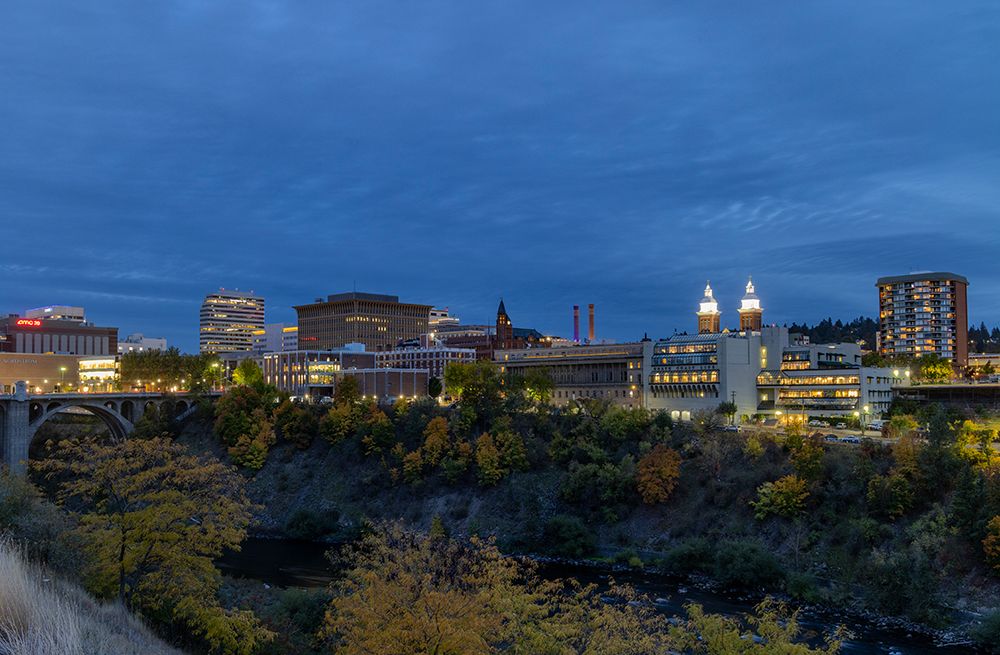 Cityscape along the north side of the Spokane River in autumn in Spokane, Washington State, USA